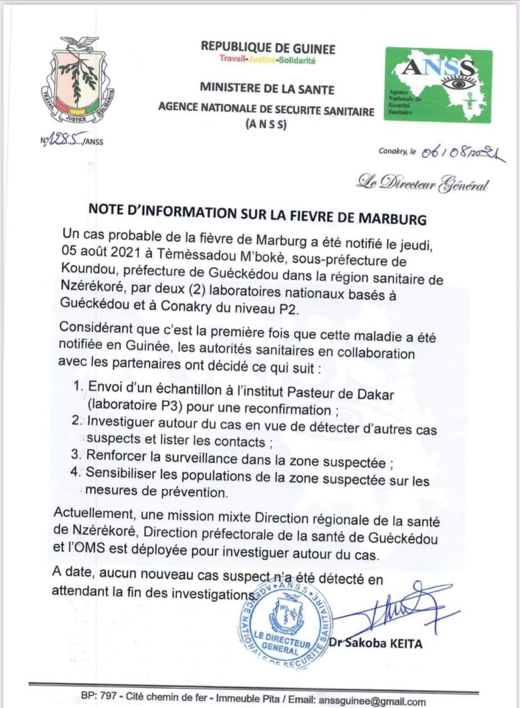 Urgent: un cas "probable" du virus Marburg détecté en Guinée