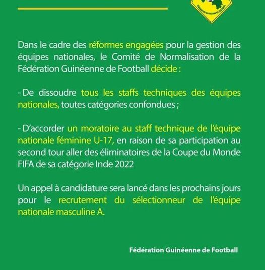 Réformes du football guinéen: le CONOR suspend les staffs techniques des équipes nationales (Communiqué)