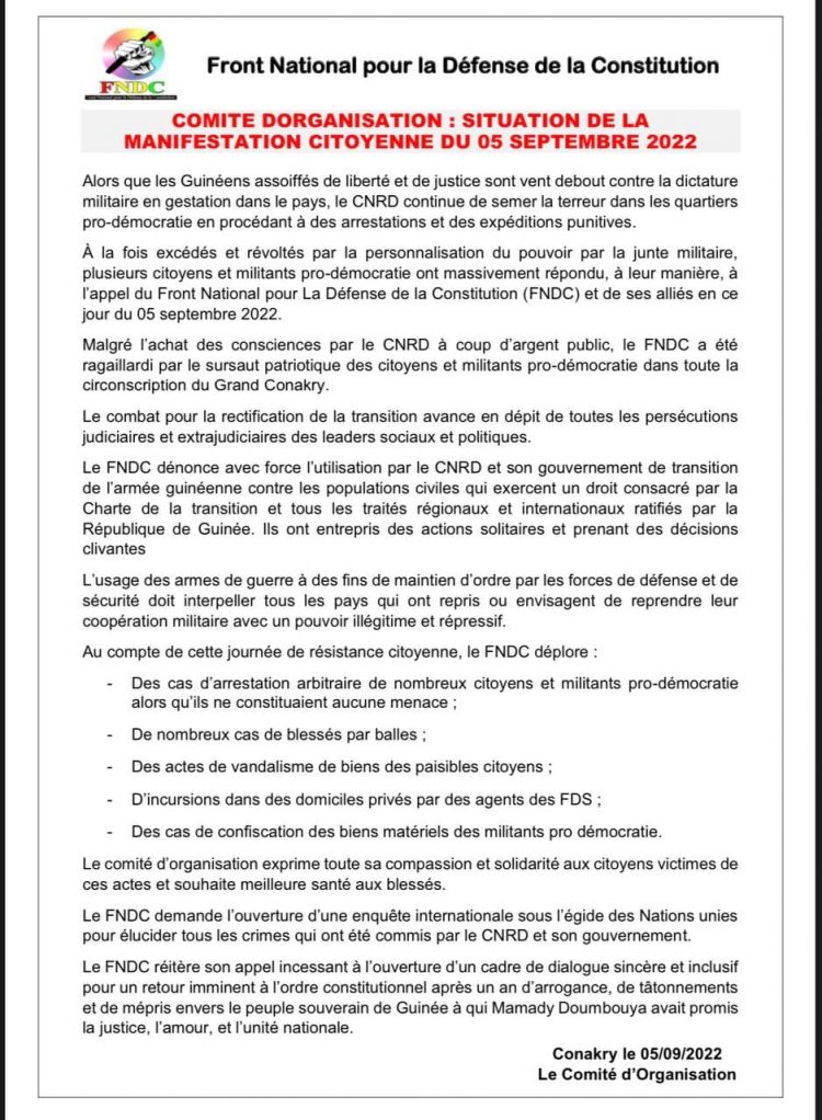 Manifs du 05 septembre: le FNDC dresse le bilan et lance un appel (Déclaration)