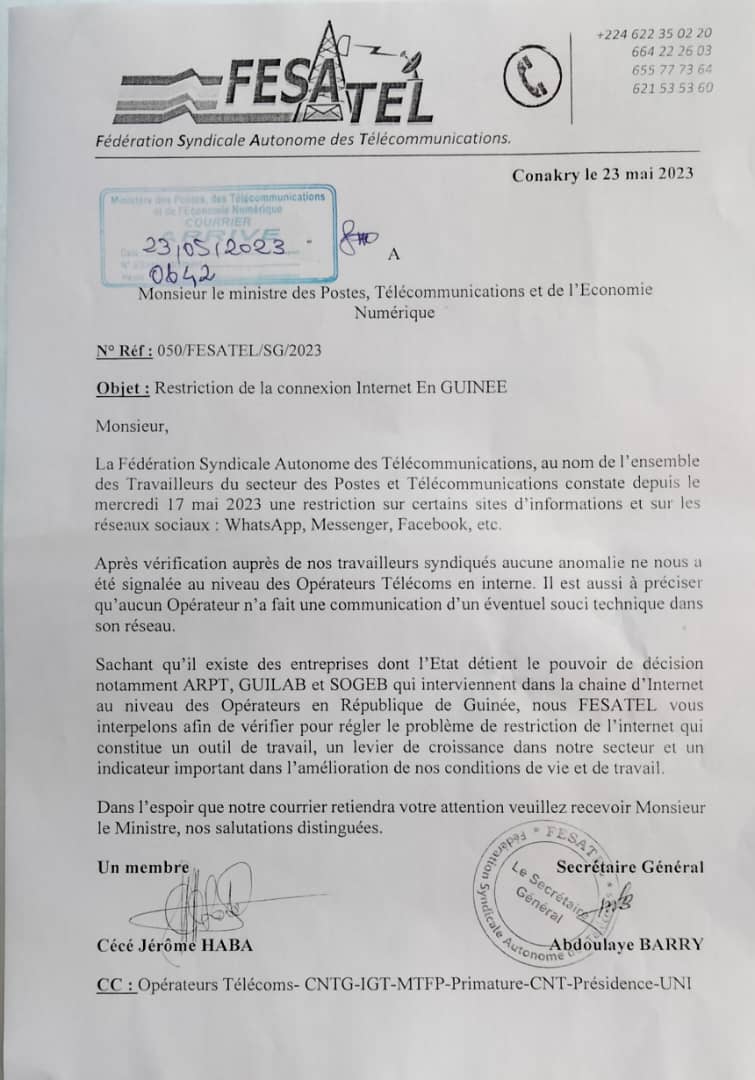 Restriction d'internet: le syndicat FESATEL aussi écrit au ministre Ousmane Gaoual Diallo 