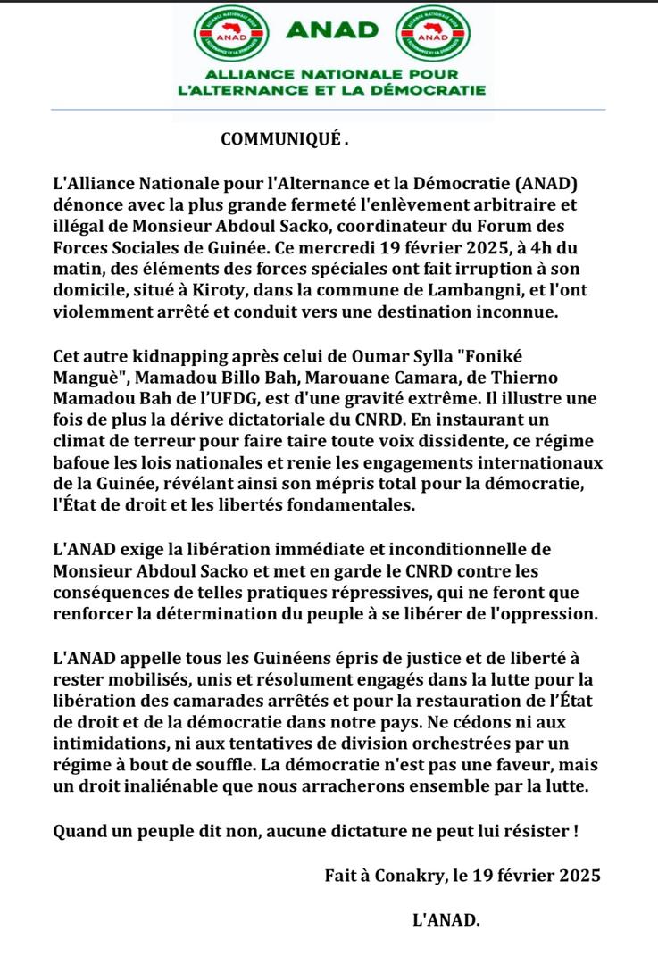 L’ANAD dénonce l’enlèvement d’Abdoul Sacko et fustige la répression du CNRD