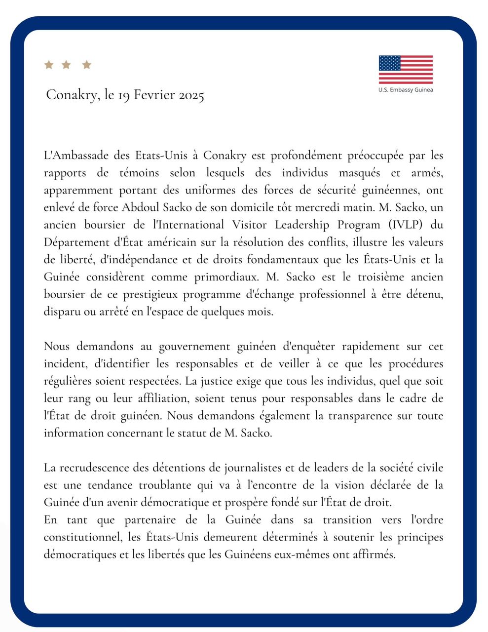 Conakry : L'ambassade des États-Unis préoccupée par l'enlèvement d'Abdoul Sacko