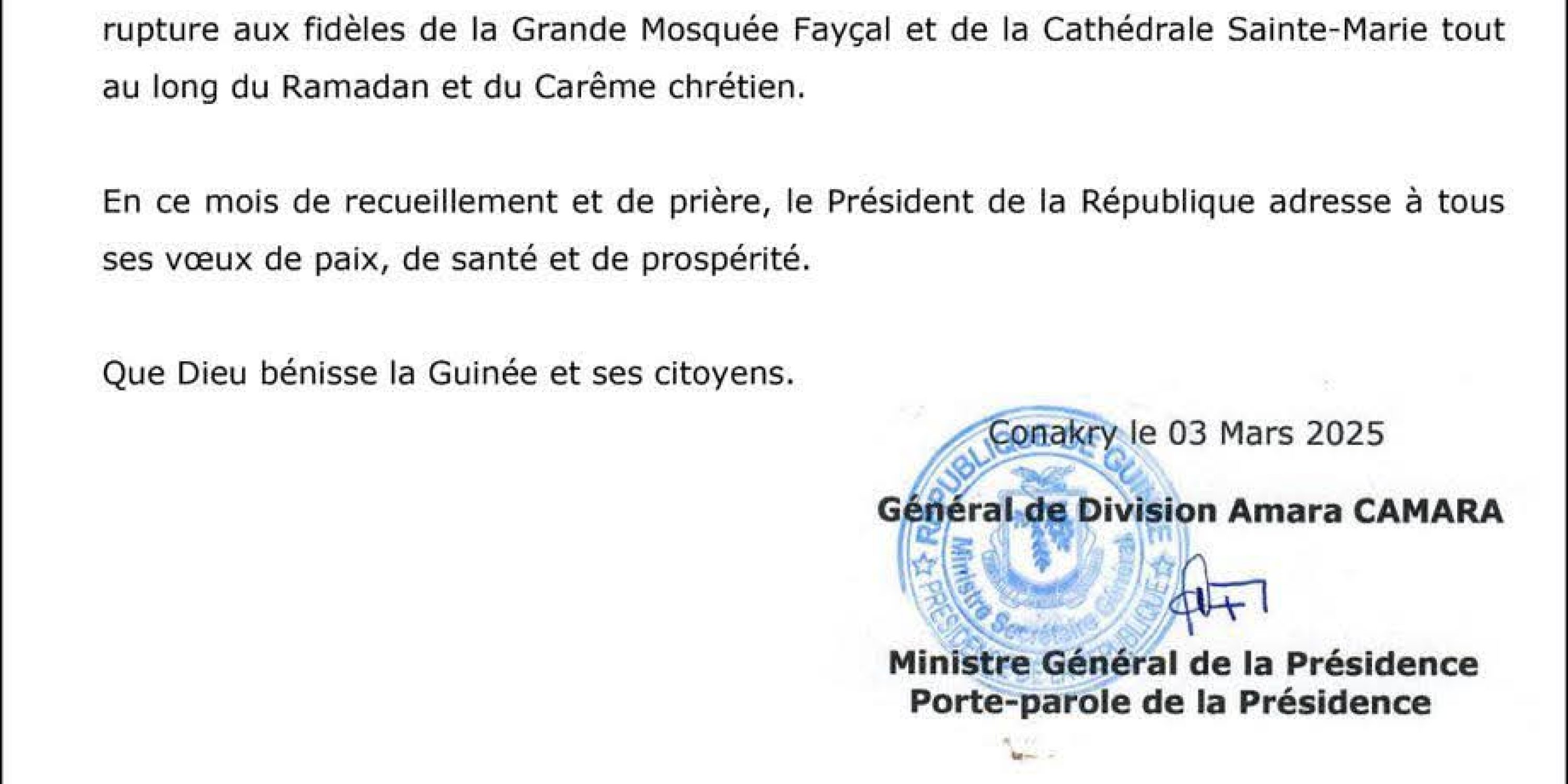 Solidarité présidentielle pendant le Ramadan et le Carême chrétien : Gl Doumbouya offre des déjeuners de rupture aux fidèles musulmans et chrétiens 