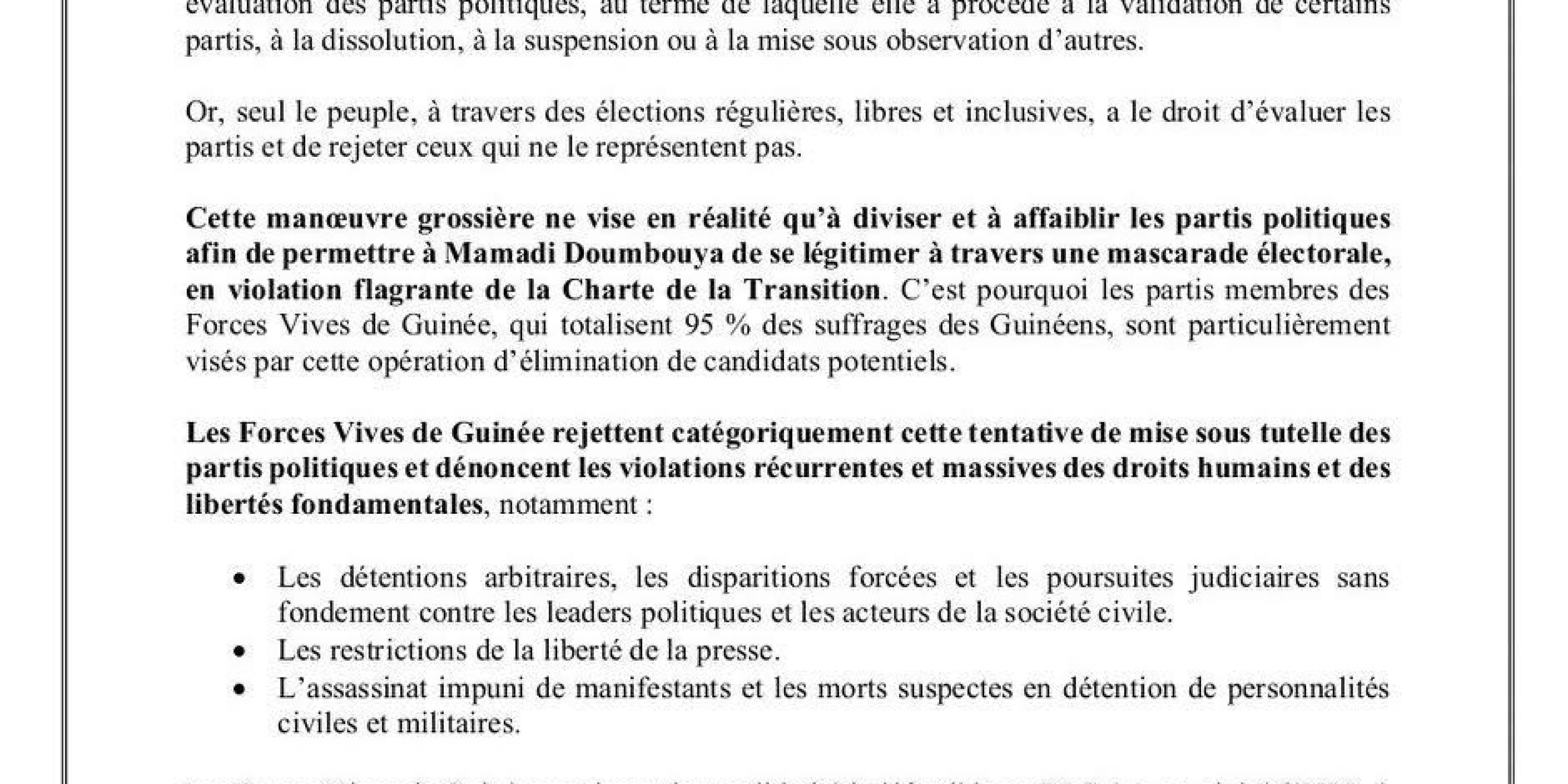 Les Forces Vives de Guinée contestent l’évaluation des partis politiques:  "Seul le peuple, à travers des élections régulières, libres et inclusives, a le droit d'évaluer les partis..."