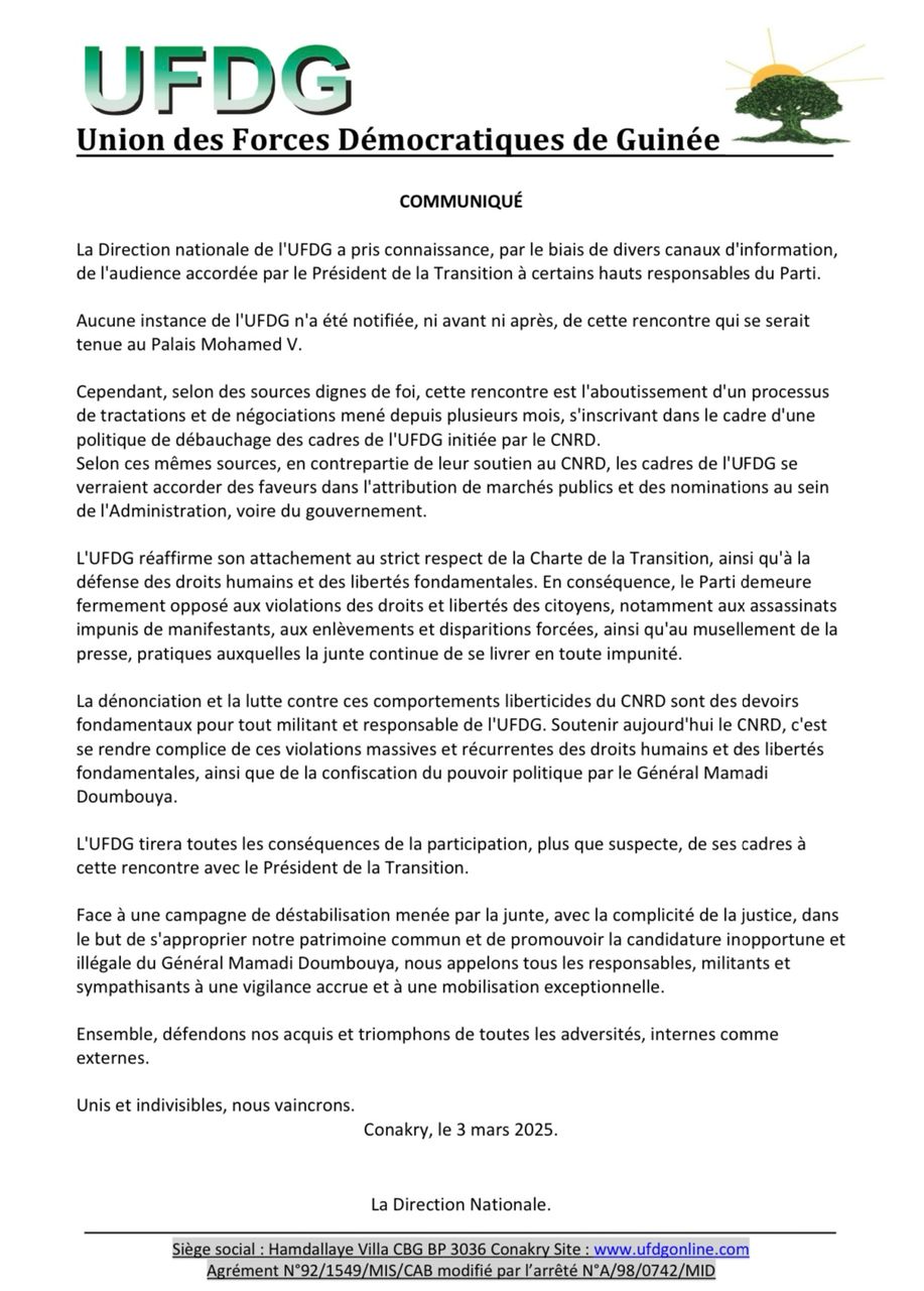 Guinée : l'UFDG dénonce une tentative de débauchage de ses cadres 